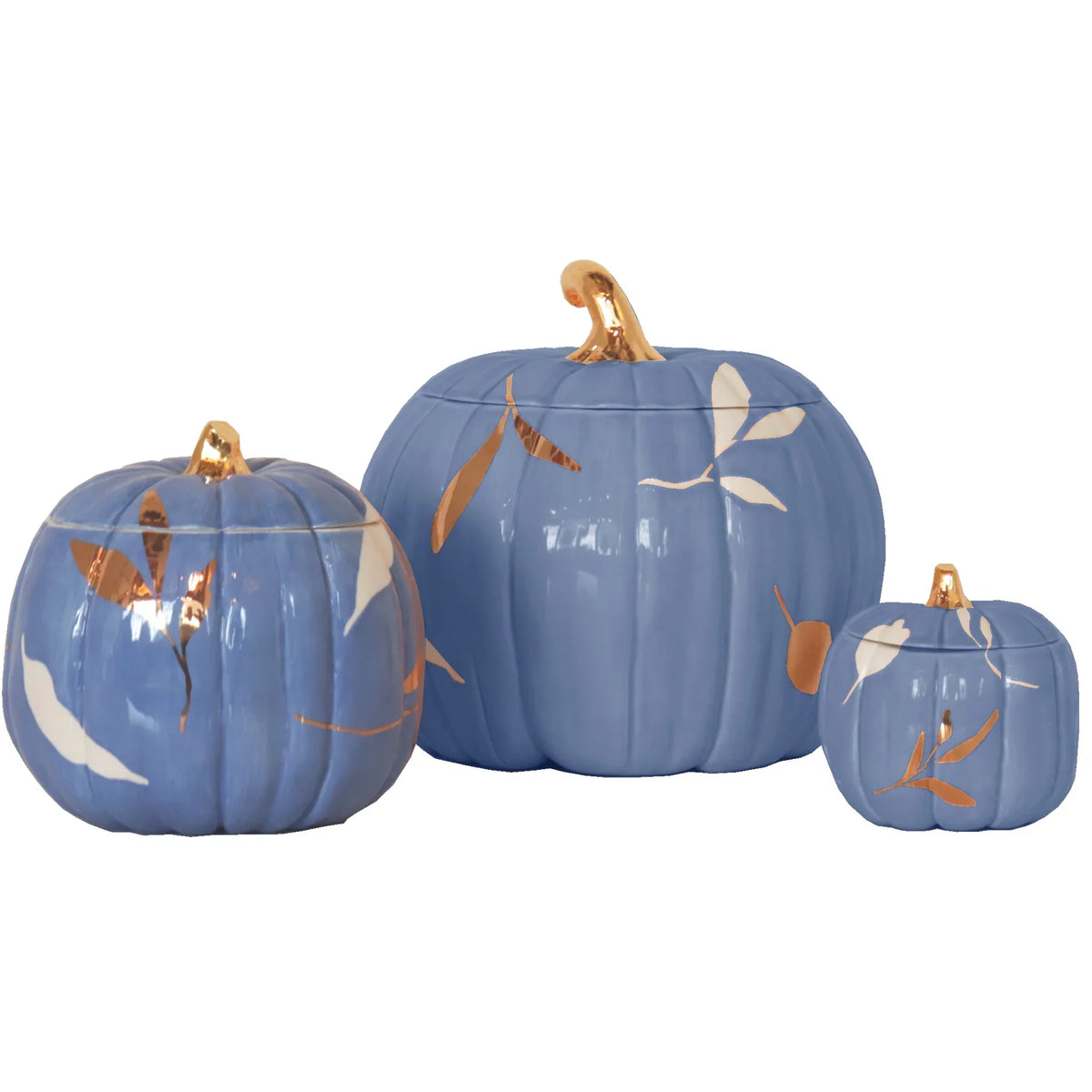 Layered Leaves Pumpkin Jars with 22K Gold Accents in French Blue (Various Sizes)