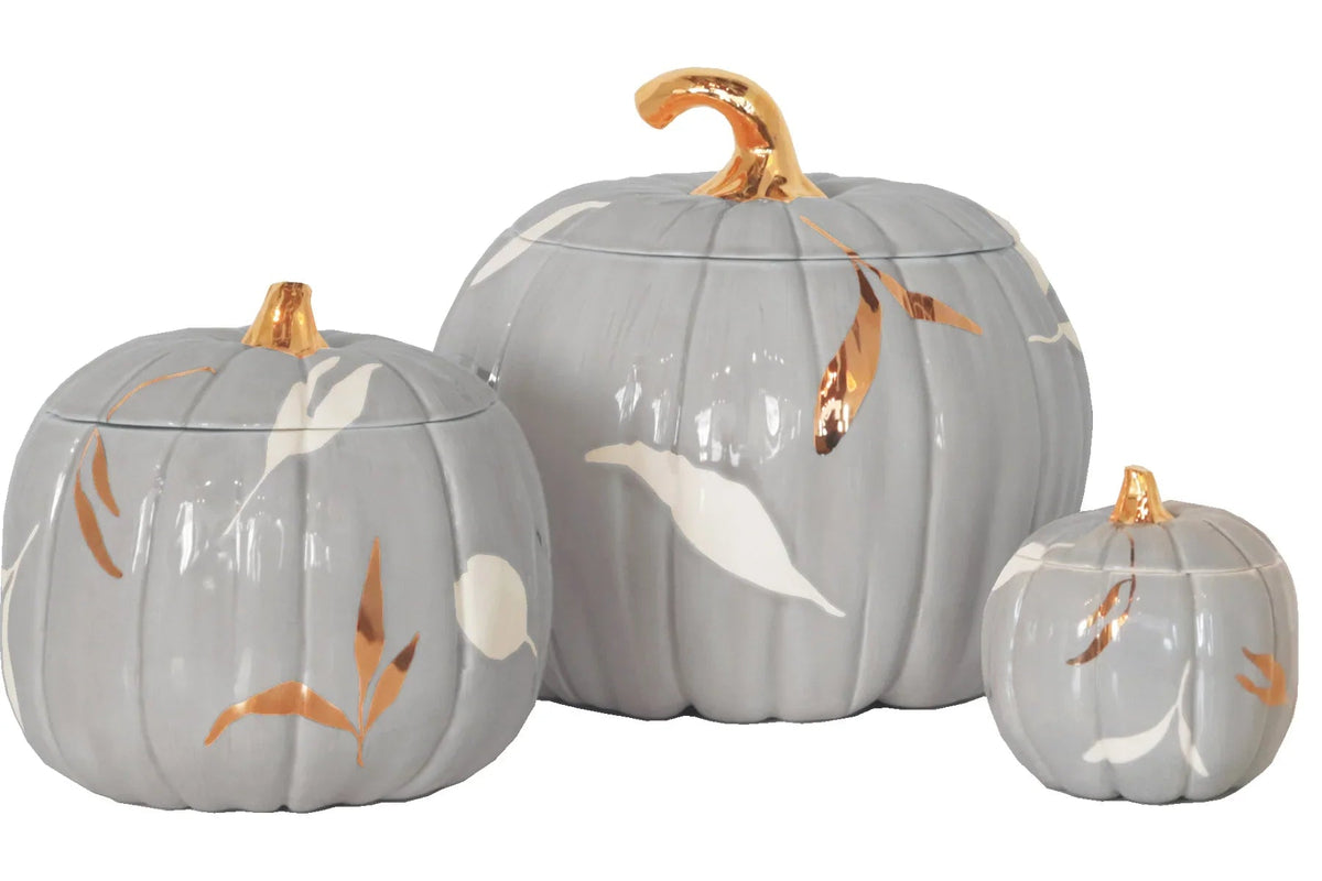Layered Leaves Pumpkin Jars with 22K Gold Accents in Light Gray (Various Sizes)