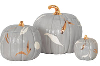 Layered Leaves Pumpkin Jars with 22K Gold Accents in Light Gray (Various Sizes)