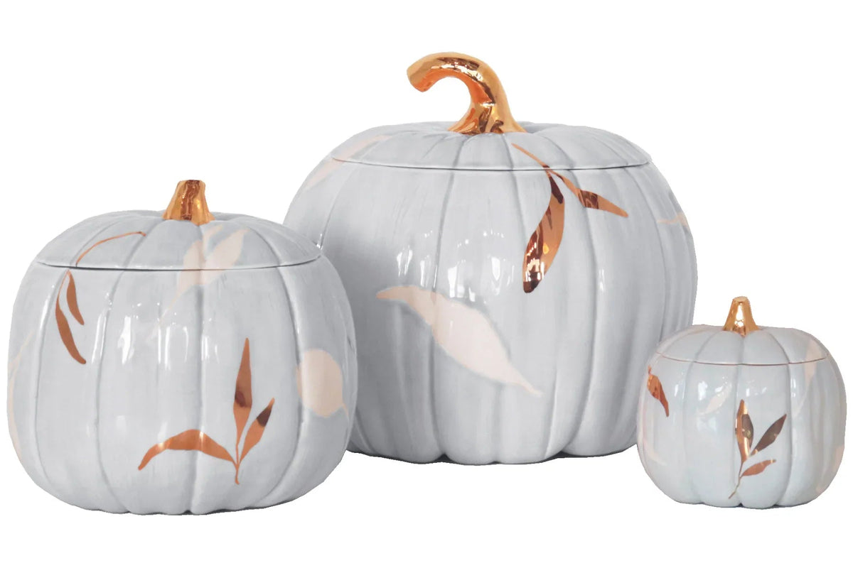 Layered Leaves Pumpkin Jars with 22K Gold Accents in Light Blue (Various Sizes)