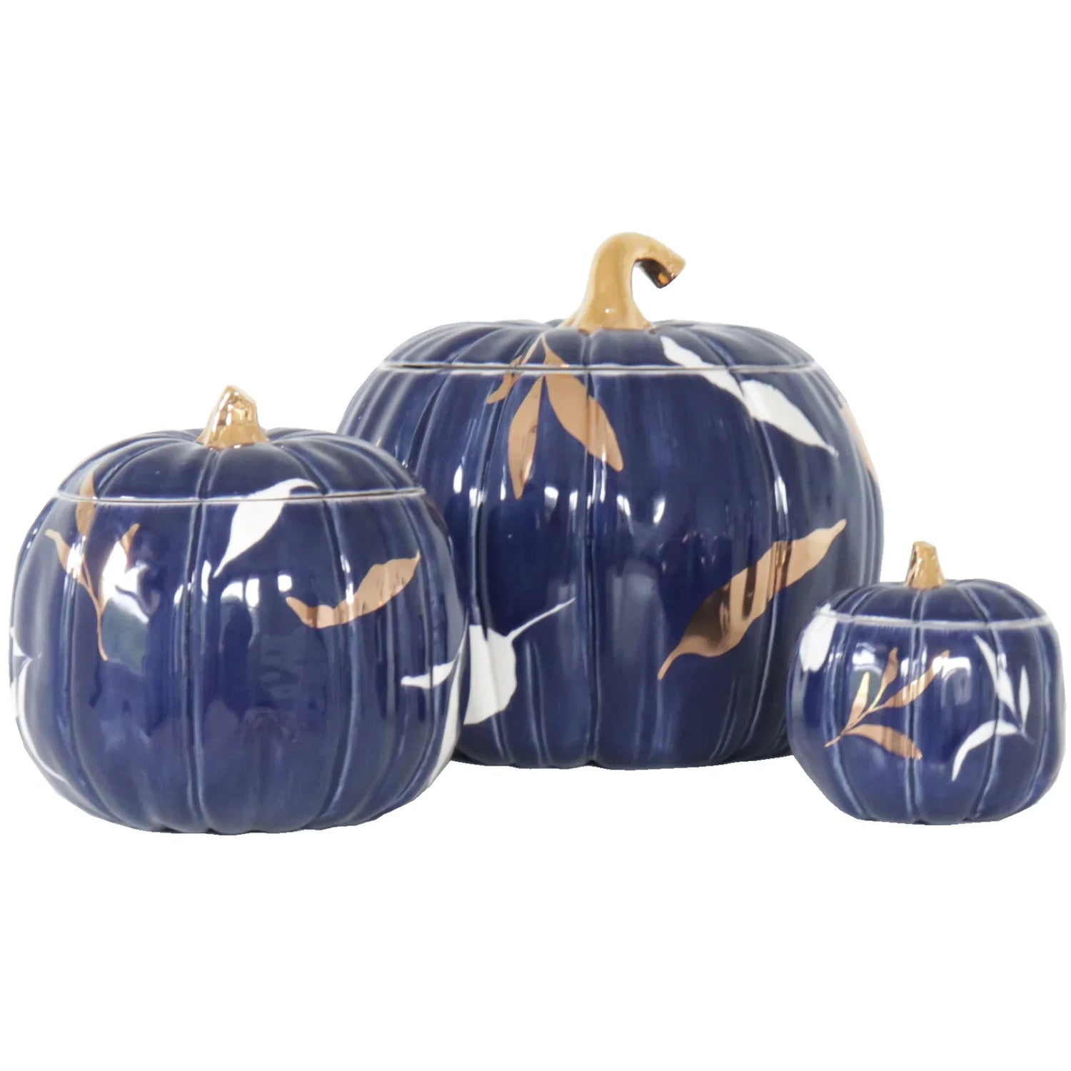 Layered Leaves Pumpkin Jars with 22K Gold Accents in Navy Blue (Various Sizes)