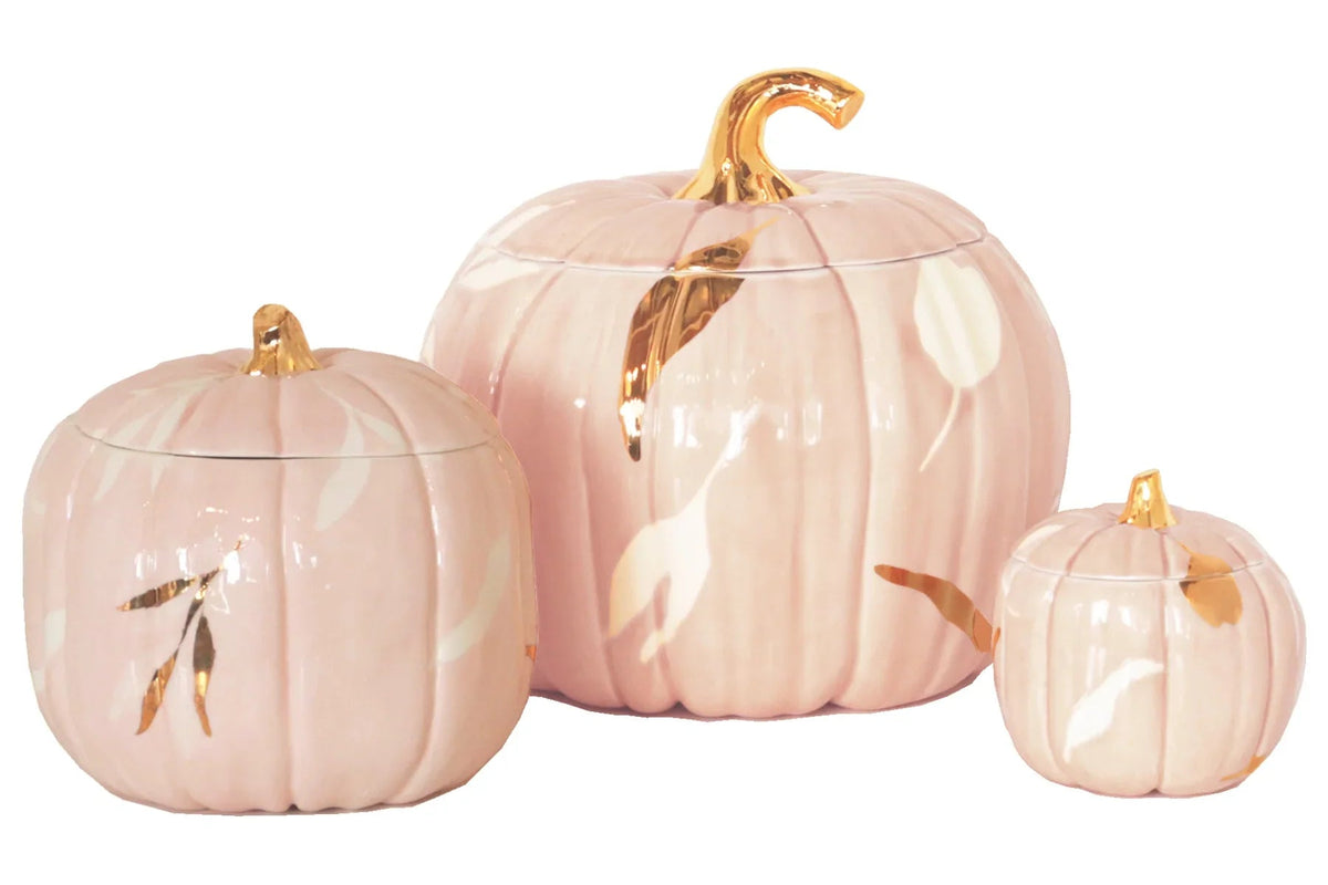 Layered Leaves Pumpkin Jars with 22K Gold Accents in Pink (Various Sizes)