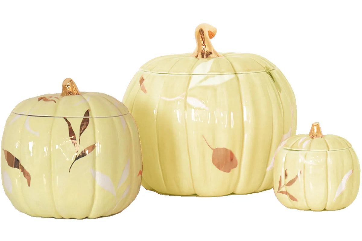 Layered Leaves Pumpkin Jars with 22K Gold Accents in Yellow (Various Sizes)