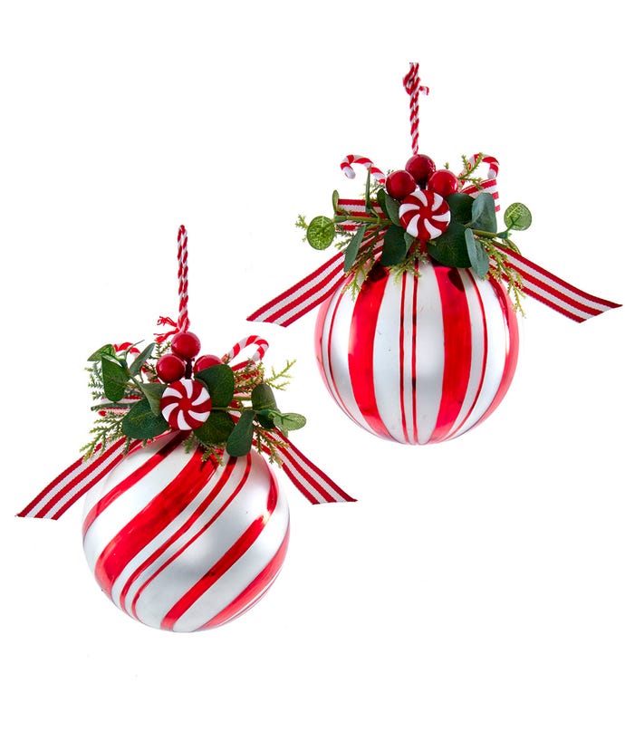 Peppermint Glass Ball With Candy and Greenery Ornament -