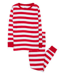 Kids Two Piece Cotton Pajamas Red And  White Stripes -
