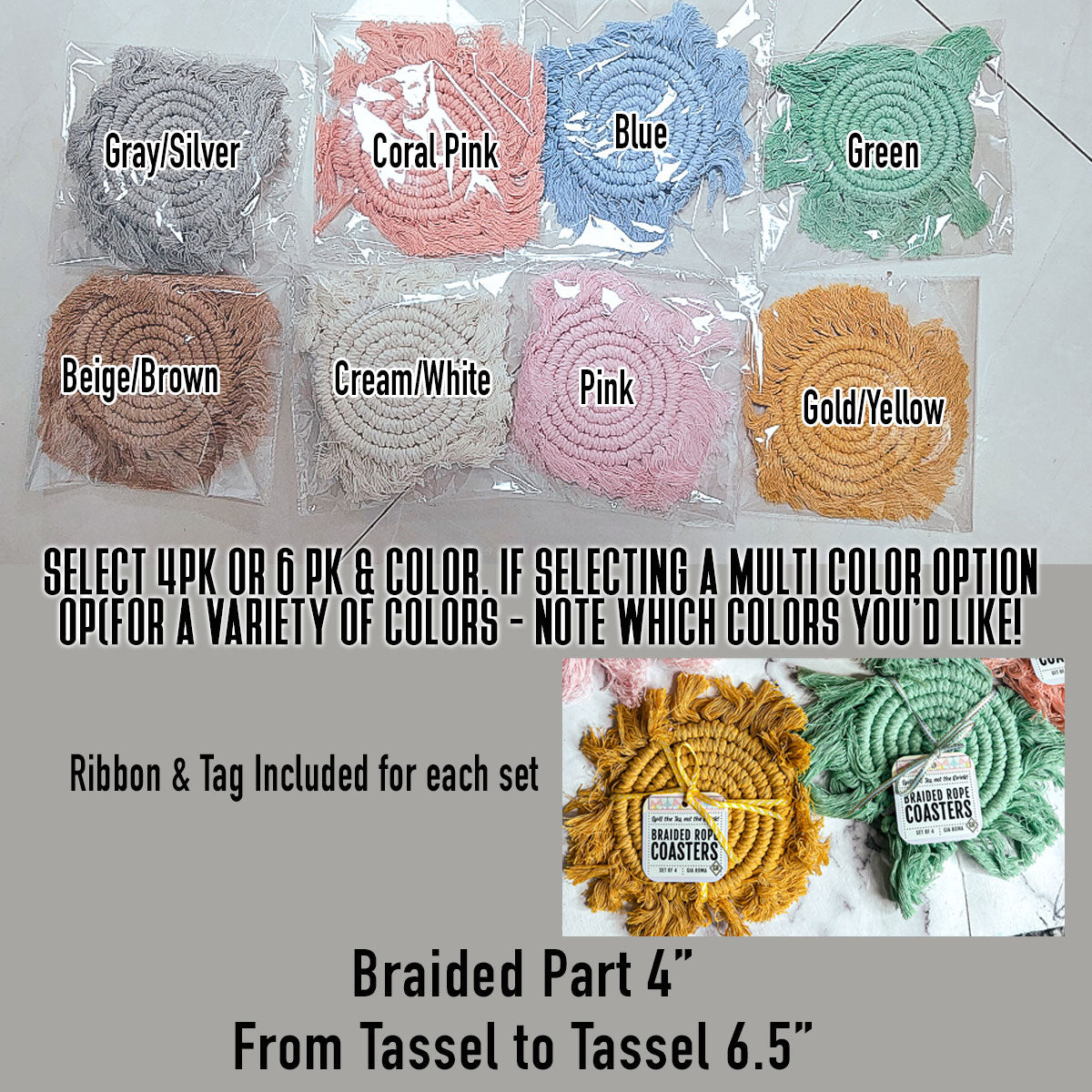 Pastel Braided Tassel Coasters (Various Colors)