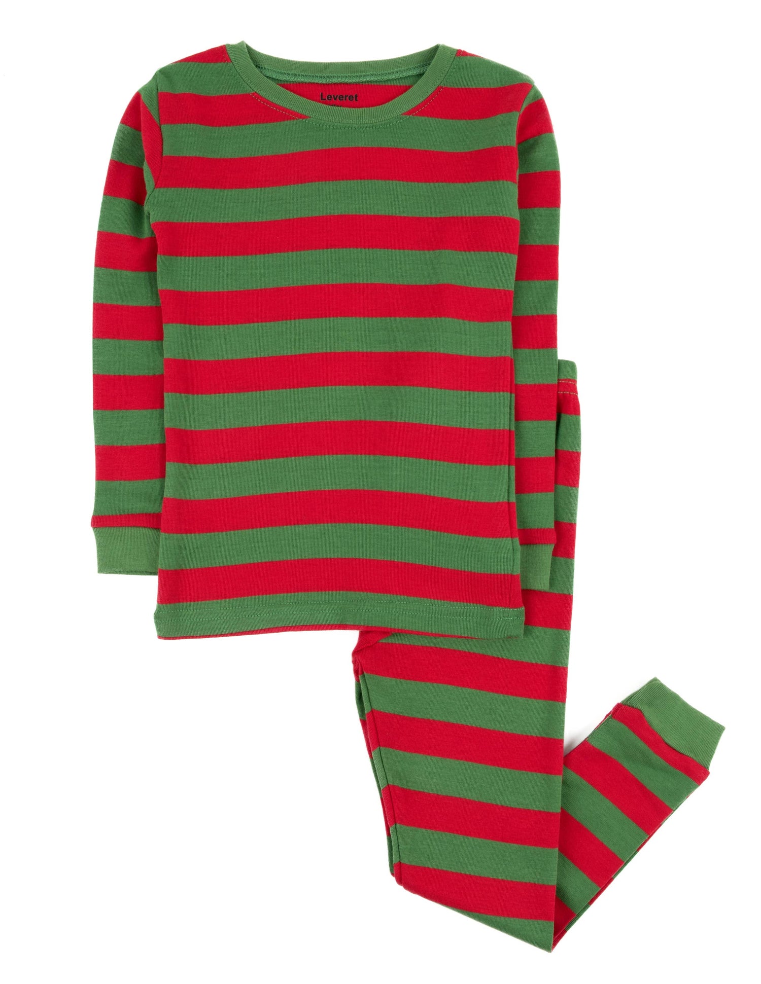 Kids Two Piece Cotton Pajamas Red and  Green Stripes -