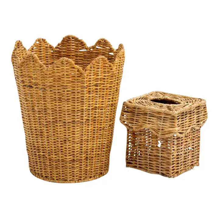 SCALLOPED WICKER WASTEPAPER BASKET & TISSUE HOLDER