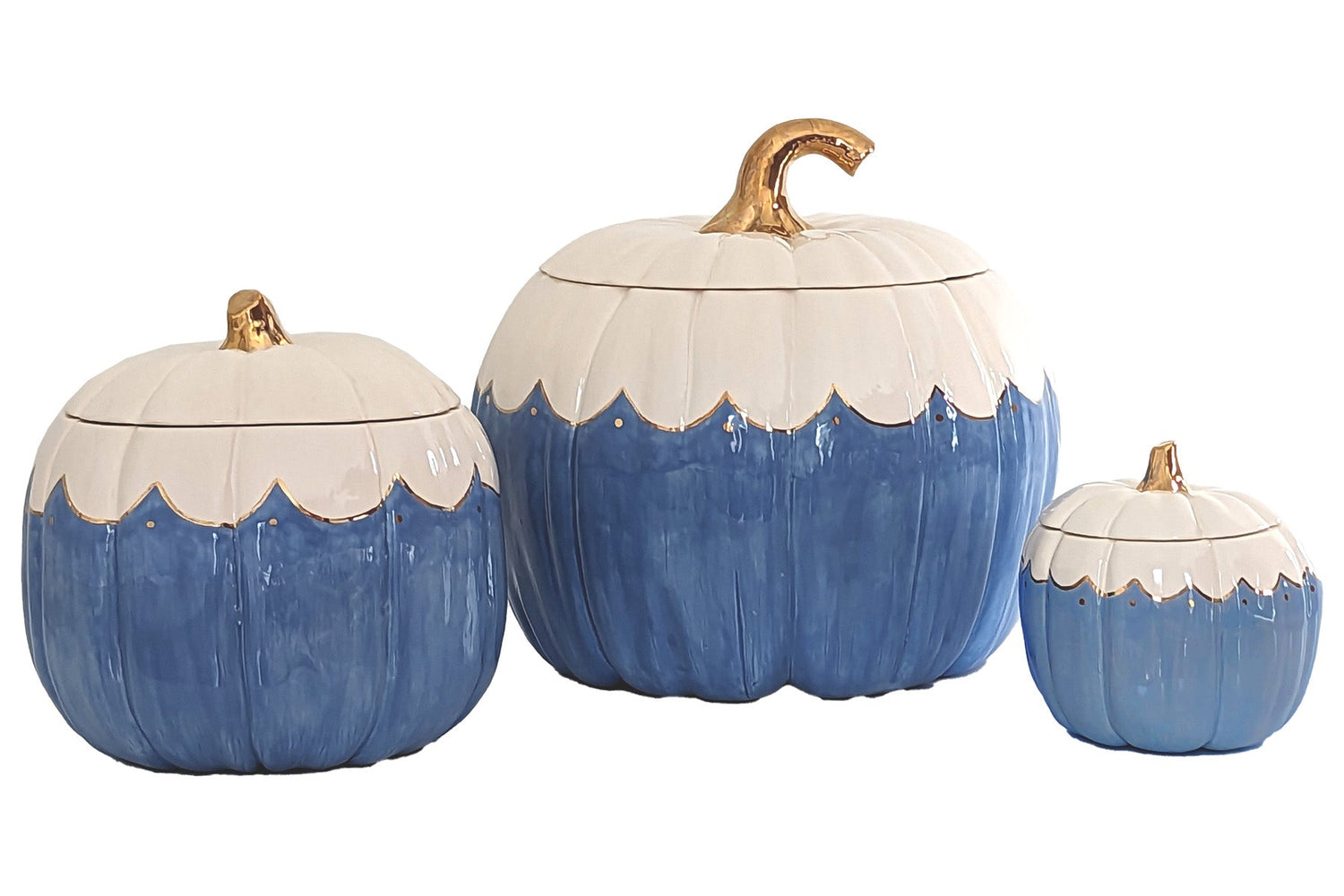 Scalloped Pumpkin Jars with 22K Gold Accents in French Blue (Various Sizes)