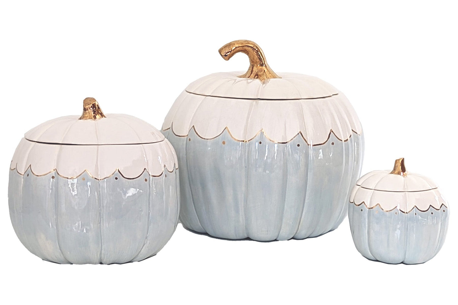 Scalloped Pumpkin Jars with 22K Gold Accents in Light Blue (Various Sizes)