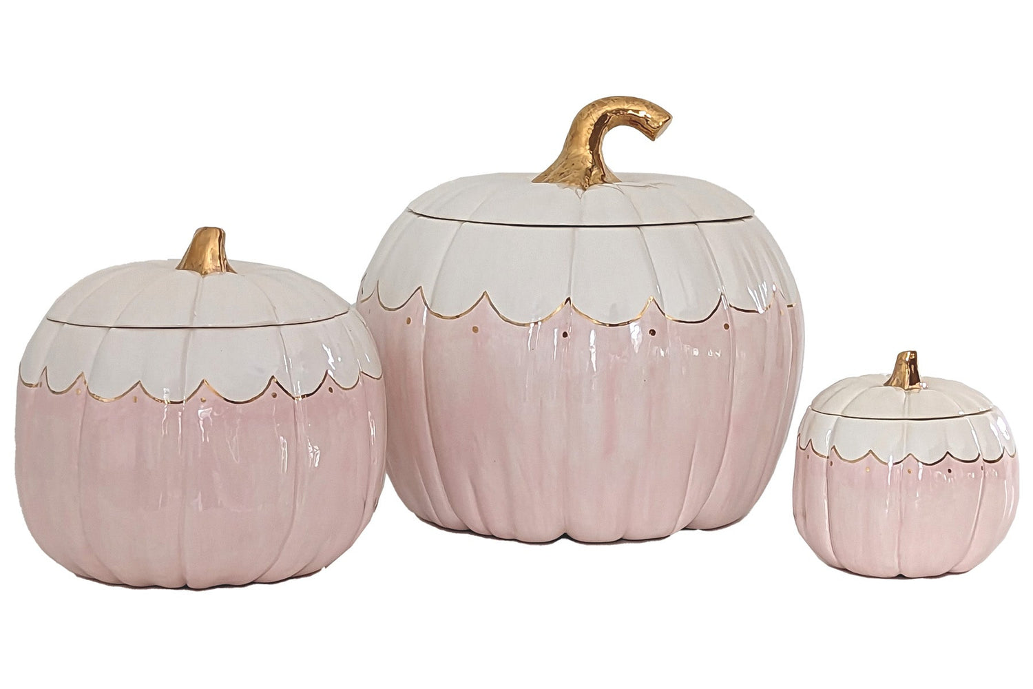 Scalloped Pumpkin Jars with 22K Gold Accents in Light Pink (Various Sizes)