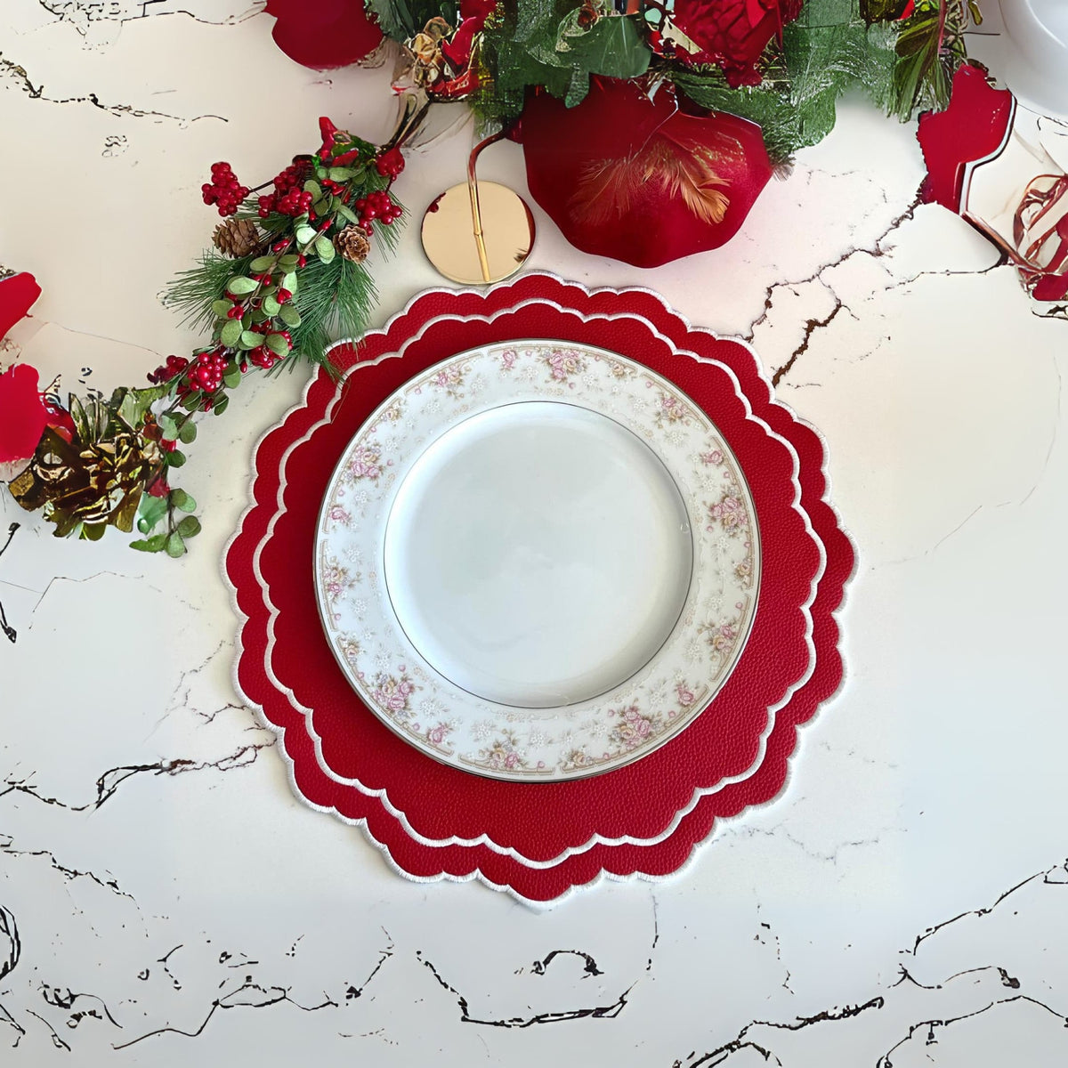 Scarlet Red Round Faux Leather Placemat