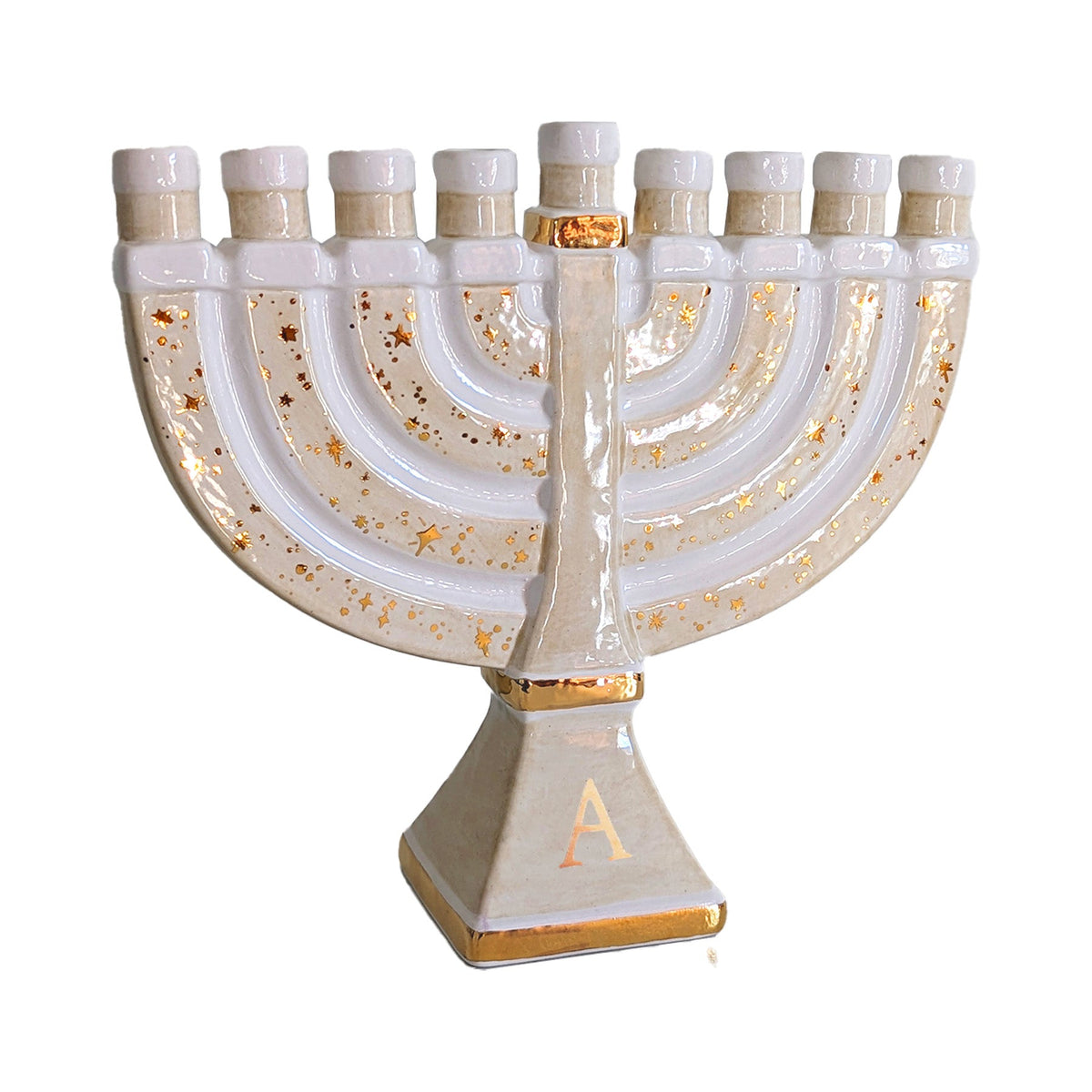 Shimmering Stars Menorah with 22K Gold Accents and Optional Monogram (Various Colors)
