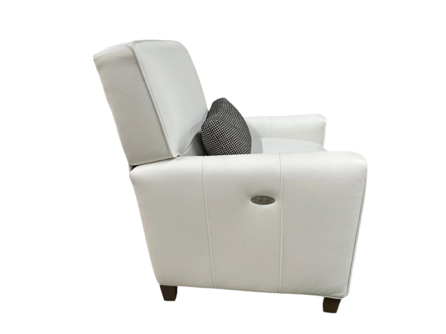 Modern Power Recliner in White Leather with Houndstooth Lumbar Pillow