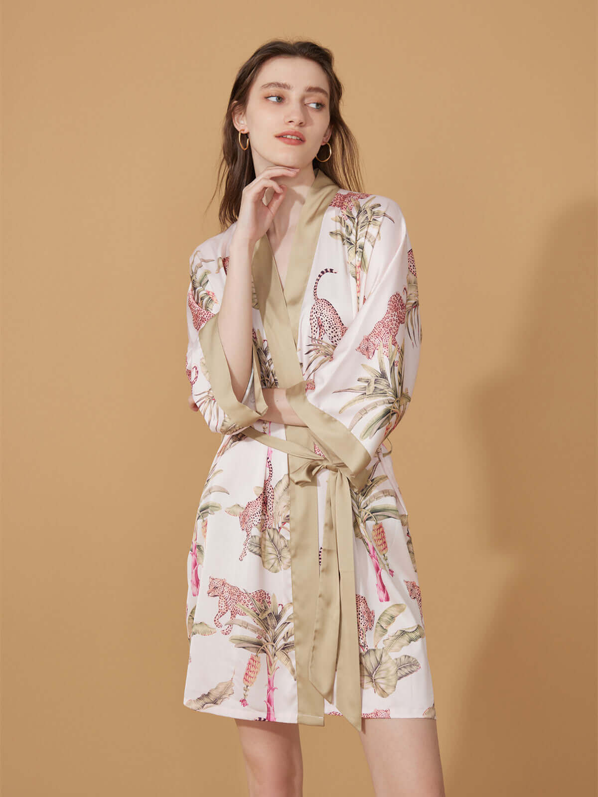 Short Kimono Robe Olive Leopard