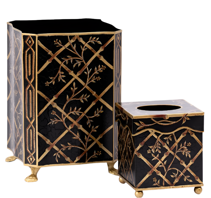 Black Bamboo & Floral Tissue Holder & Wastepaper Basket