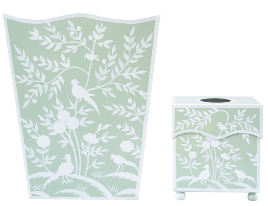 Green Bird & Vine Wastepaper Basket & Tissue