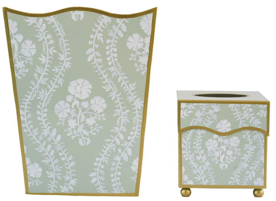 Sage Green Floral Trellis Wastepaper Basket & Tissue