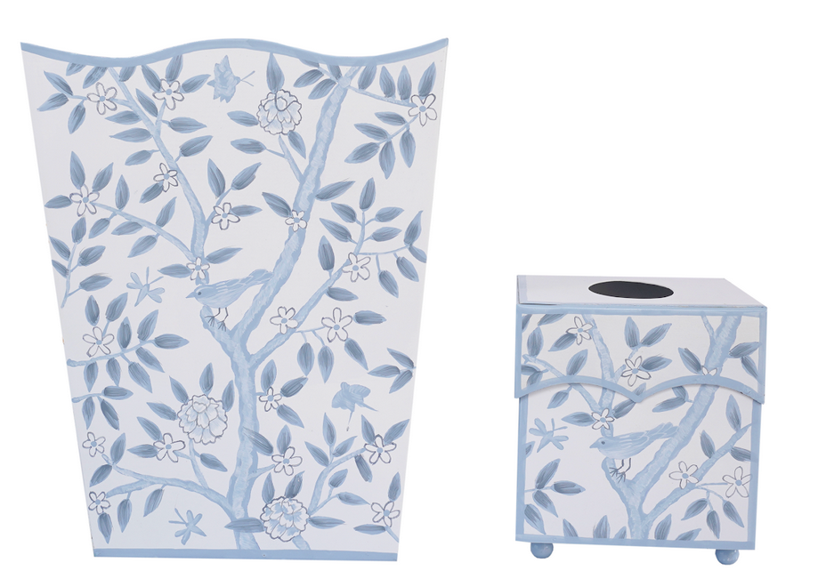 Blue & White Bird & Vine Wastepaper Basket & Tissue