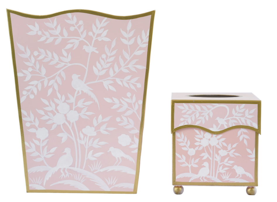 Pink Bird & Vine Wastepaper Basket & Tissue
