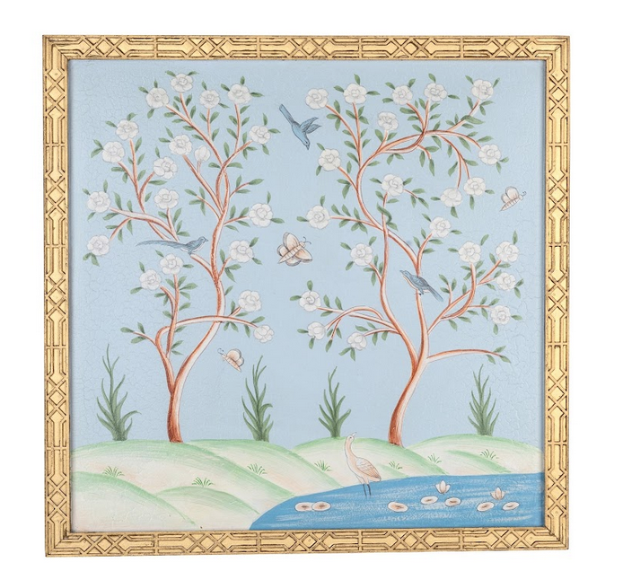 Pale Blue and Multi Color Chinoiserie Mural With Gold Fretwork Frame