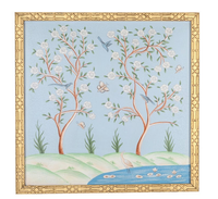 Pale Blue and Multi Color Chinoiserie Mural With Gold Fretwork Frame