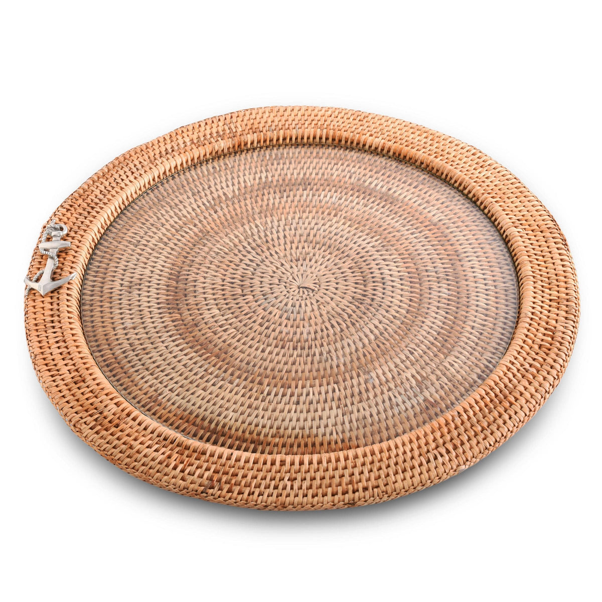 Rattan Serving Tray with Anchor Motif – 18"