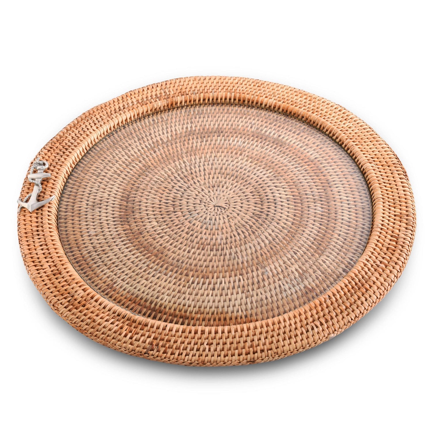 Rattan Serving Tray with Anchor Motif – 18"