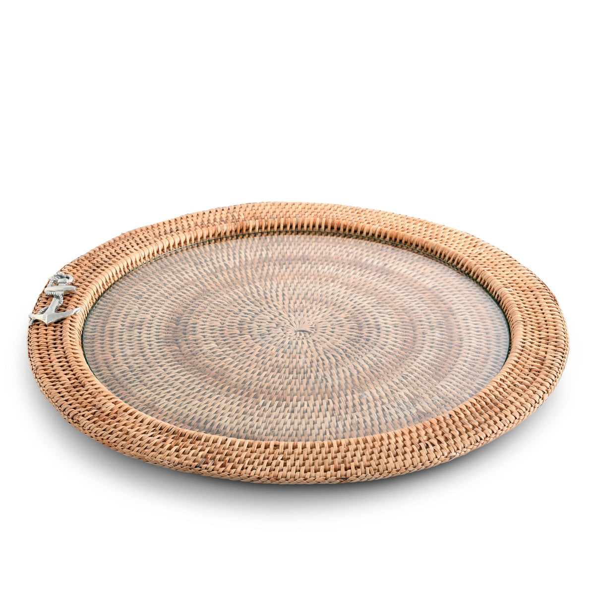 Rattan Serving Tray with Anchor Motif – 18"