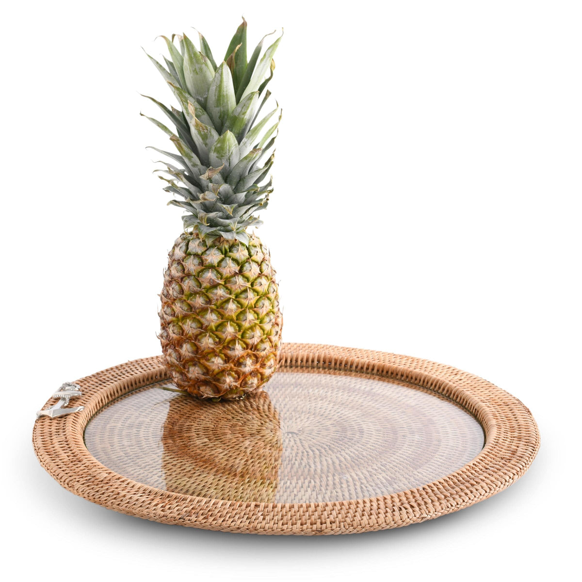 Rattan Serving Tray with Anchor Motif – 18"