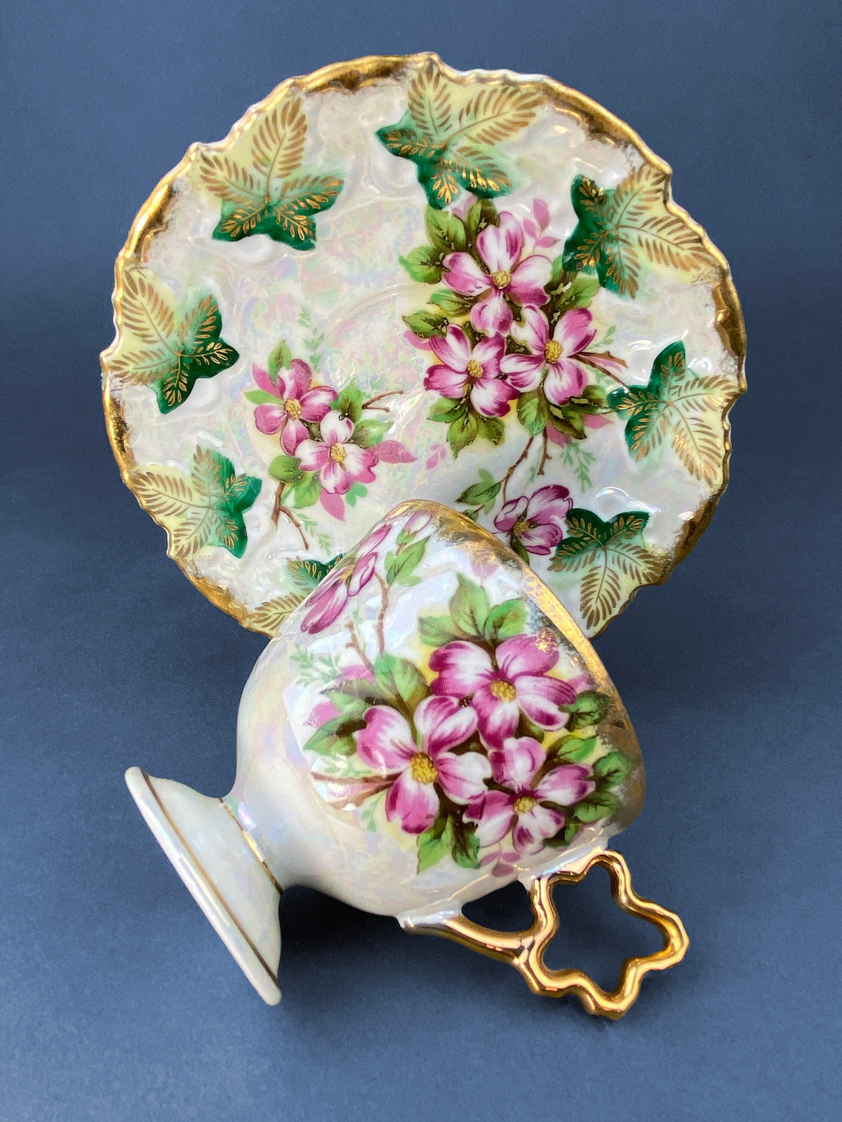 Vintage Metasco Japan Cup & Saucer – Cherry Blossom Iridescent Design