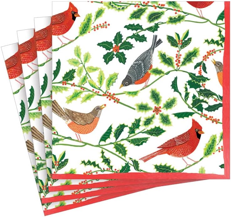 Songbirds and Holly Paper Cocktail Napkins in White
