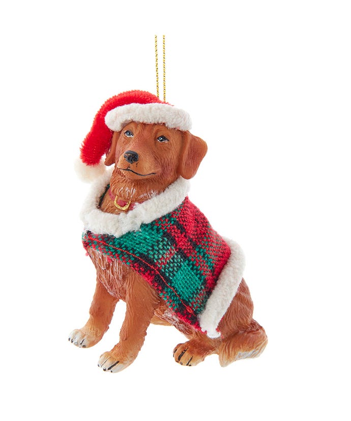Golden Retriever With Plaid Coat and Santa Hat Ornament