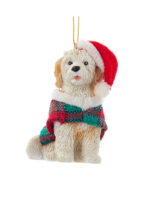 Goldendoodle With Plaid Coat and Santa Hat Ornament